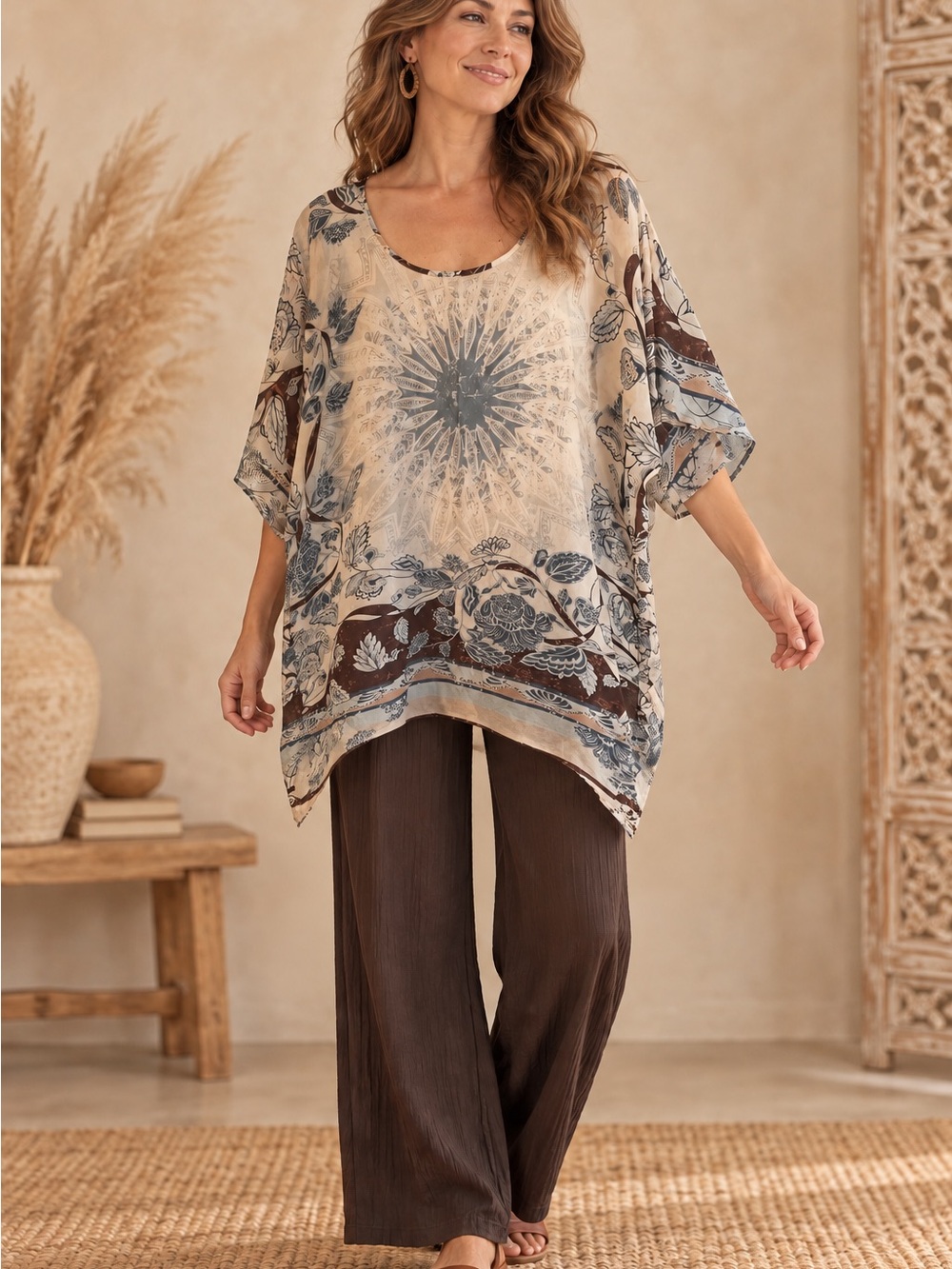 Johnny Was Medallion Tunic in Beige, Blue and Brown (112978) 🦋 ☀️